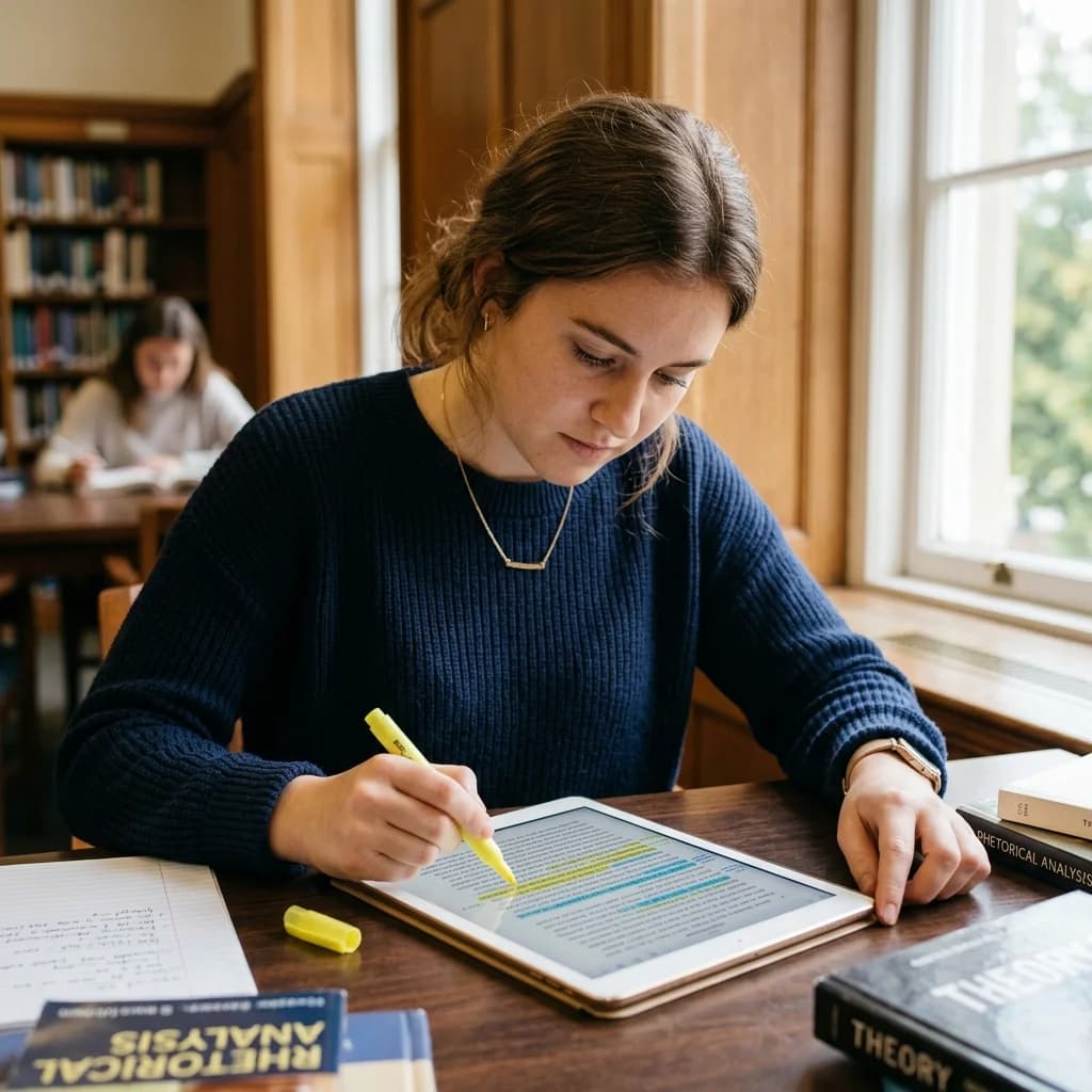 Student studying an SAT Reading passage on a tablet and highlighting text