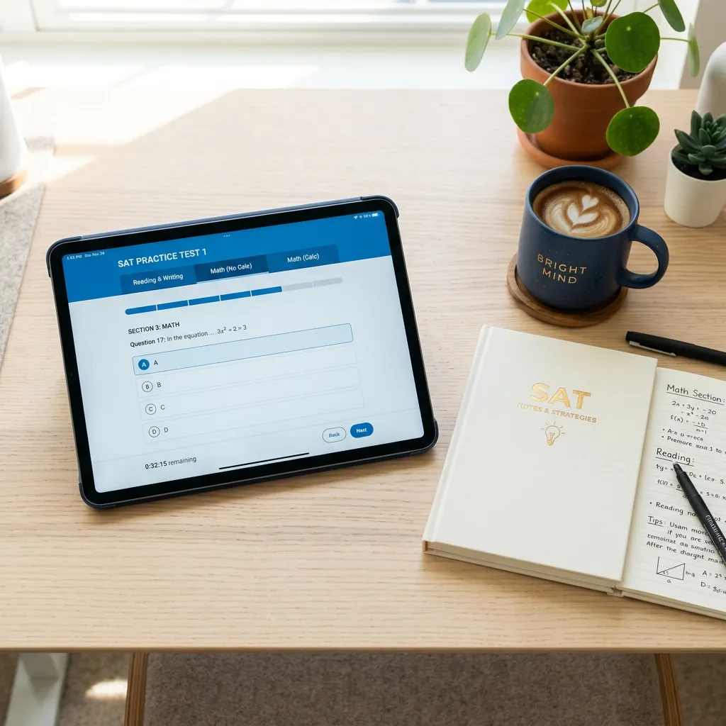 A tablet displaying a digital SAT practice test resting on a wooden desk next to a notebook